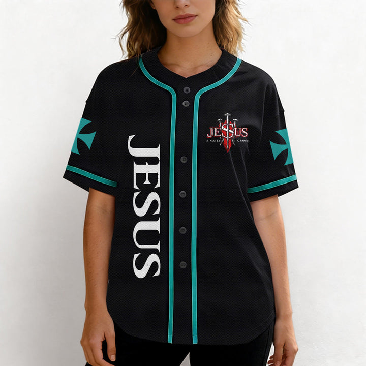 Christianartworkshop Vorderseite Vertikales Jesus-Nagelkreuz-Emblem Rückseite Blitz Löwe von Juda Porträt Button-Up Baseball-Trikot - image 26