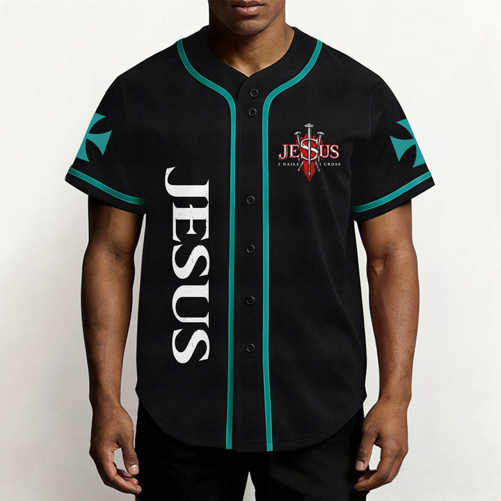 Christianartworkshop Vorderseite Vertikales Jesus-Nagelkreuz-Emblem Rückseite Blitz Löwe von Juda Porträt Button-Up Baseball-Trikot - image 24