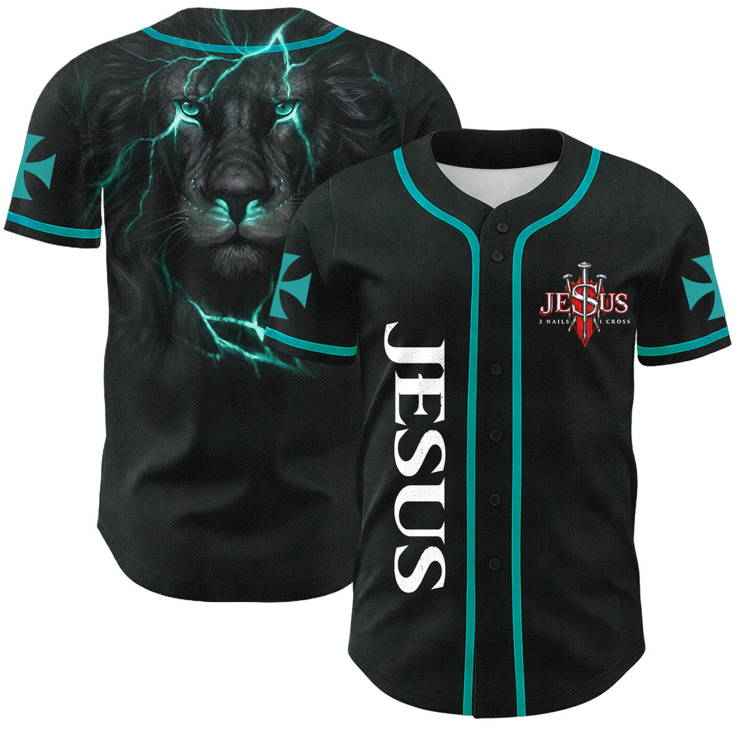 Christianartworkshop Vorderseite Vertikales Jesus-Nagelkreuz-Emblem Rückseite Blitz Löwe von Juda Porträt Button-Up Baseball-Trikot - Lake Blue - 5XL - image 21