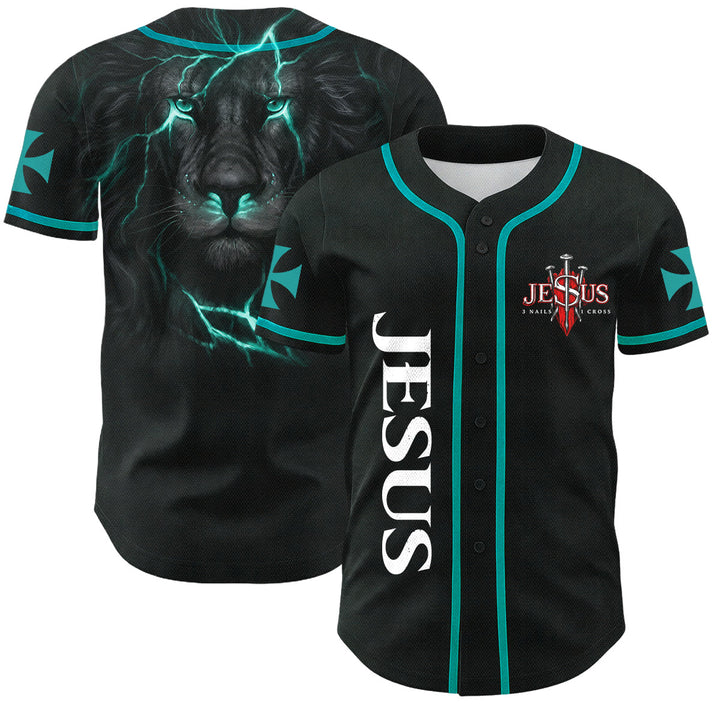 Christianartworkshop Vorderseite Vertikales Jesus-Nagelkreuz-Emblem Rückseite Blitz Löwe von Juda Porträt Button-Up Baseball-Trikot - Lake Blue - 5XL - image 21
