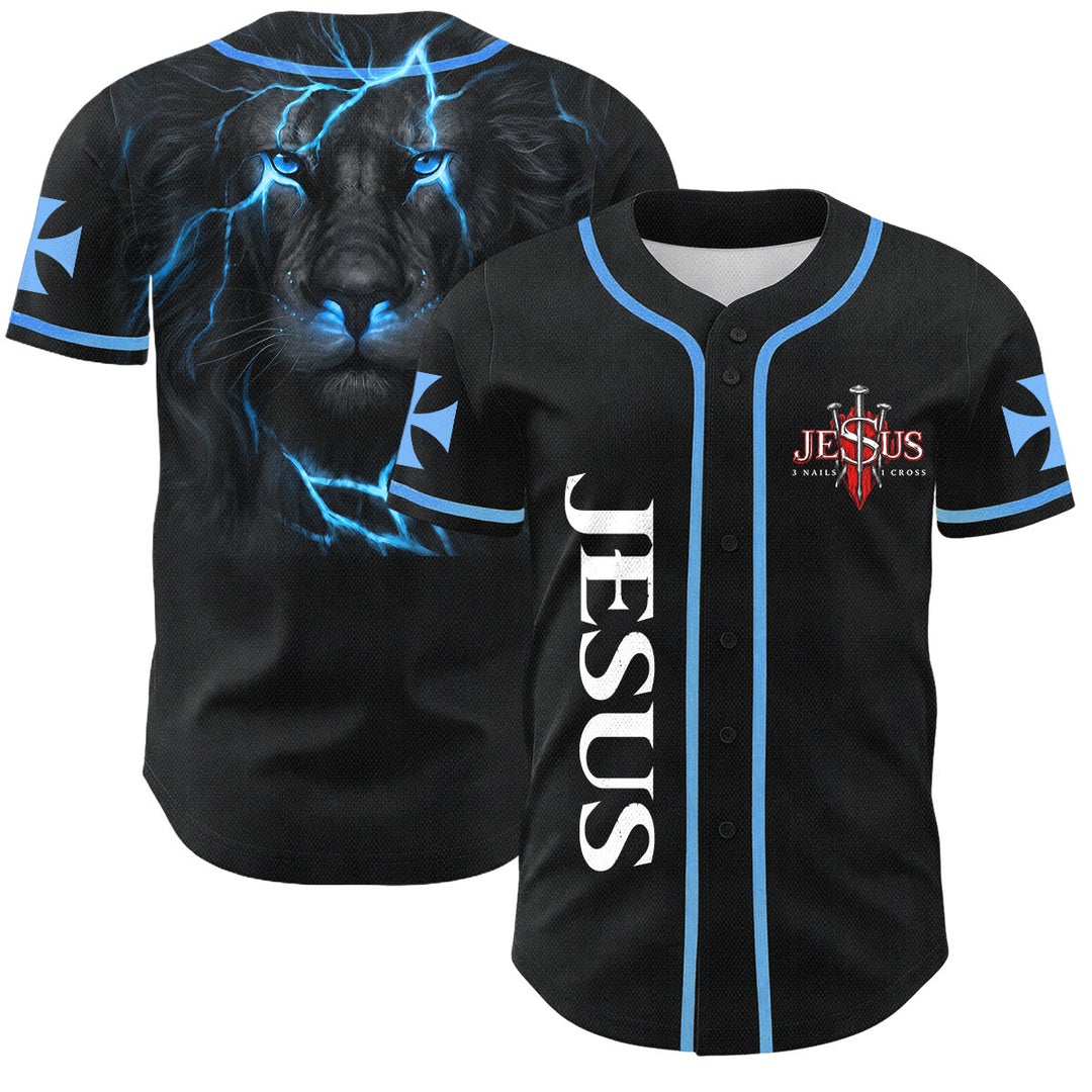 Christianartworkshop Vorderseite Vertikales Jesus-Nagelkreuz-Emblem Rückseite Blitz Löwe von Juda Porträt Button-Up Baseball-Trikot - Himmelblau - 5XL - image 28