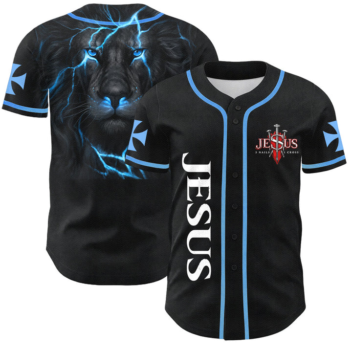 Christianartworkshop Vorderseite Vertikales Jesus-Nagelkreuz-Emblem Rückseite Blitz Löwe von Juda Porträt Button-Up Baseball-Trikot - Himmelblau - 5XL - image 28