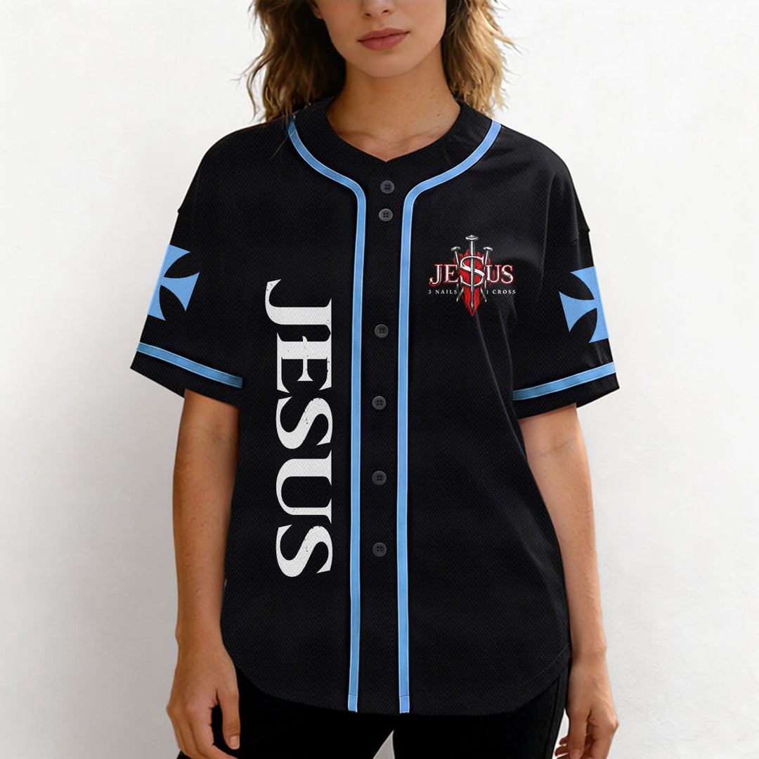 Christianartworkshop Vorderseite Vertikales Jesus-Nagelkreuz-Emblem Rückseite Blitz Löwe von Juda Porträt Button-Up Baseball-Trikot - image 33