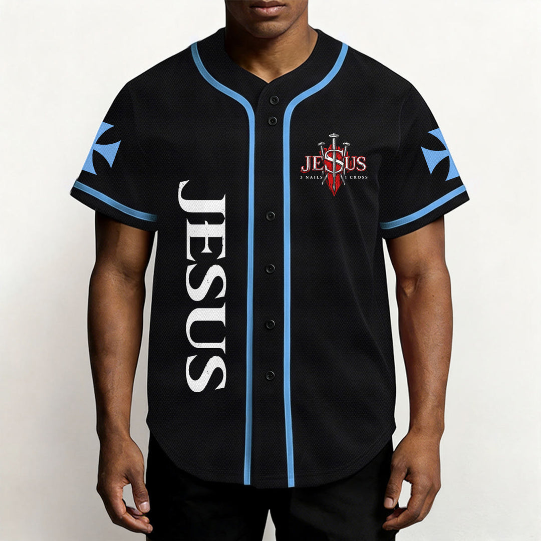 Christianartworkshop Vorderseite Vertikales Jesus-Nagelkreuz-Emblem Rückseite Blitz Löwe von Juda Porträt Button-Up Baseball-Trikot - image 31