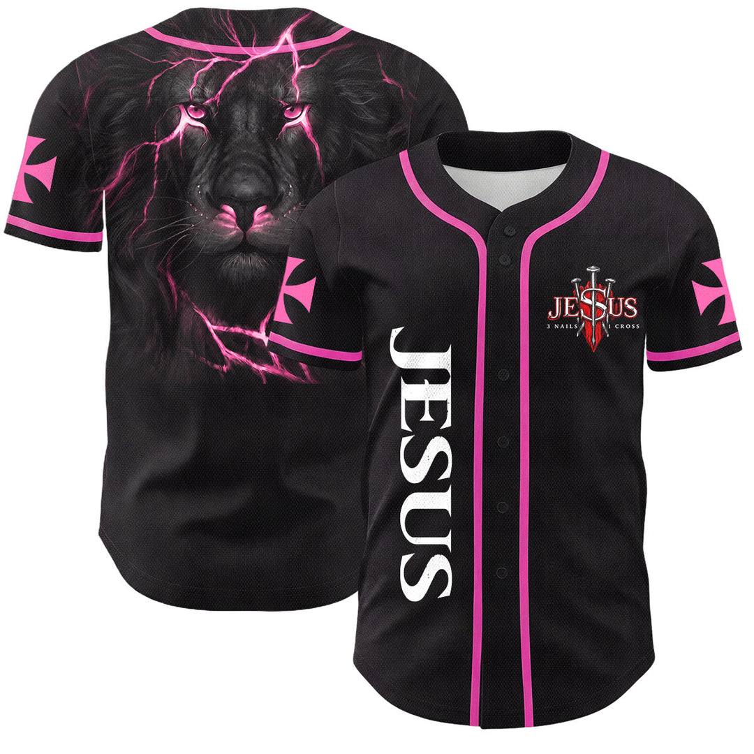 Christianartworkshop Vorderseite Vertikales Jesus-Nagelkreuz-Emblem Rückseite Blitz Löwe von Juda Porträt Button-Up Baseball-Trikot - Rosa - 5XL - image 35