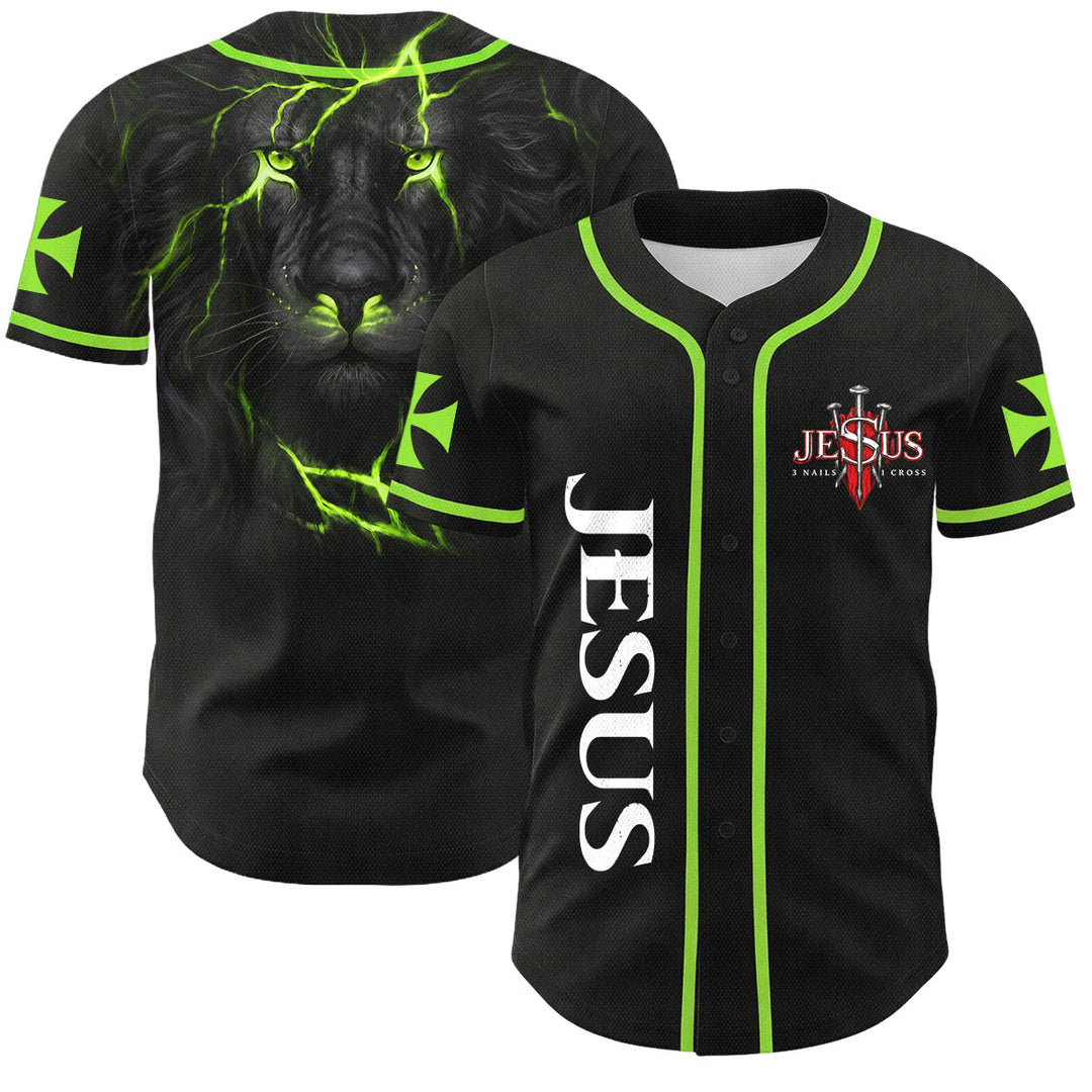 Christianartworkshop Vorderseite Vertikales Jesus-Nagelkreuz-Emblem Rückseite Blitz Löwe von Juda Porträt Button-Up Baseball-Trikot - Grün - 5XL - image 42