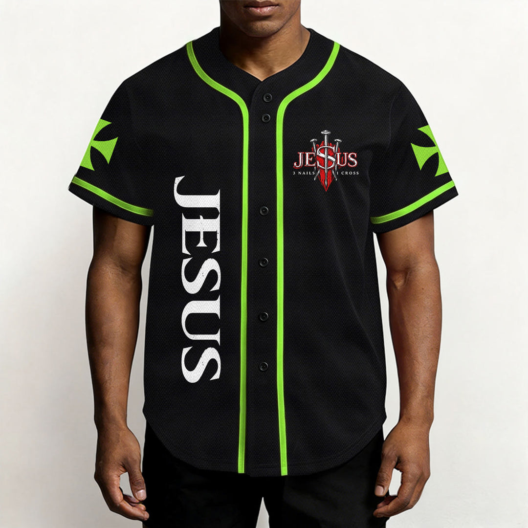 Christianartworkshop Vorderseite Vertikales Jesus-Nagelkreuz-Emblem Rückseite Blitz Löwe von Juda Porträt Button-Up Baseball-Trikot - image 45