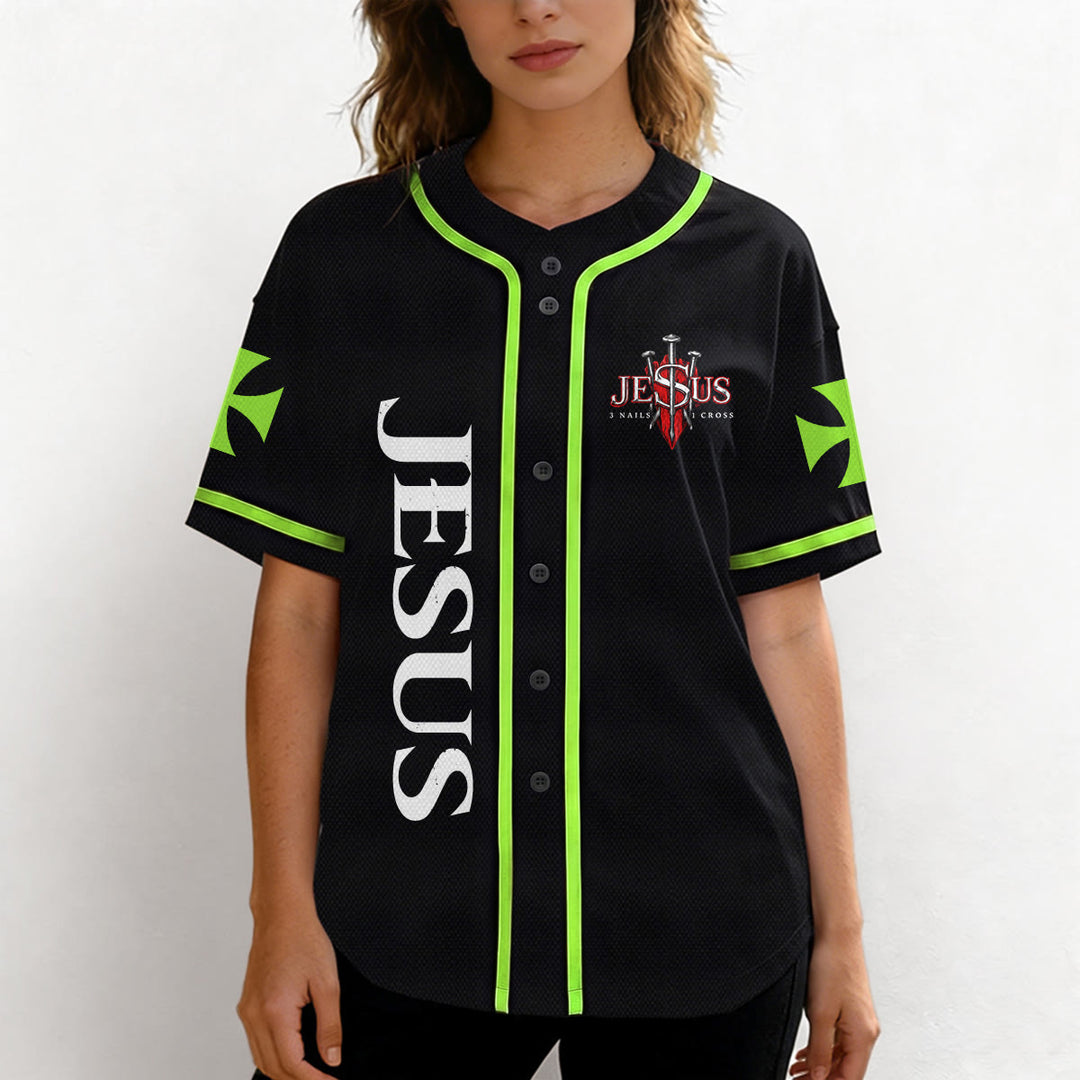 Christianartworkshop Vorderseite Vertikales Jesus-Nagelkreuz-Emblem Rückseite Blitz Löwe von Juda Porträt Button-Up Baseball-Trikot - image 47