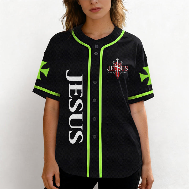 Christianartworkshop Vorderseite Vertikales Jesus-Nagelkreuz-Emblem Rückseite Blitz Löwe von Juda Porträt Button-Up Baseball-Trikot - image 47