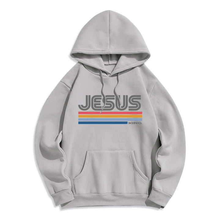 Christianartworkshop Jesus King Retro-Streifen-Pullover, Fleece-gefüttert, Polyester-Hoodie - Grau - 2XL - image 0