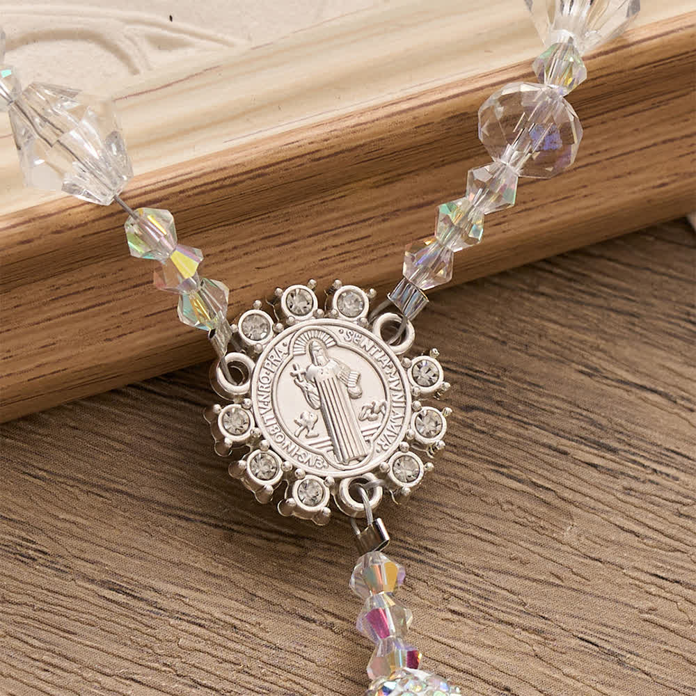 Christianartworkshop Rosenkranz aus klarem, facettiertem Glas mit verziertem Strasskreuz: Symbol strahlender himmlischer Reinheit - image 5