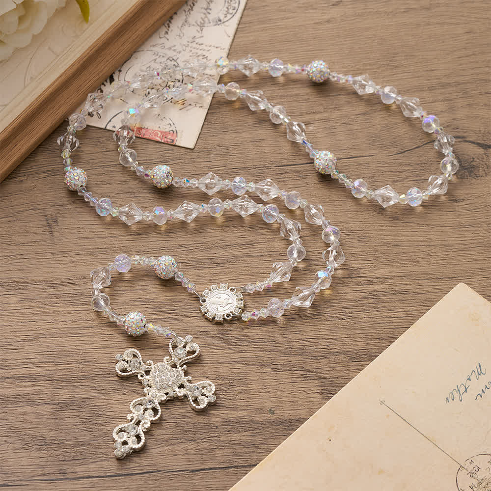 Christianartworkshop Rosenkranz aus klarem, facettiertem Glas mit verziertem Strasskreuz: Symbol strahlender himmlischer Reinheit - Rosenkranz aus transparenten Glasperlen - image 0
