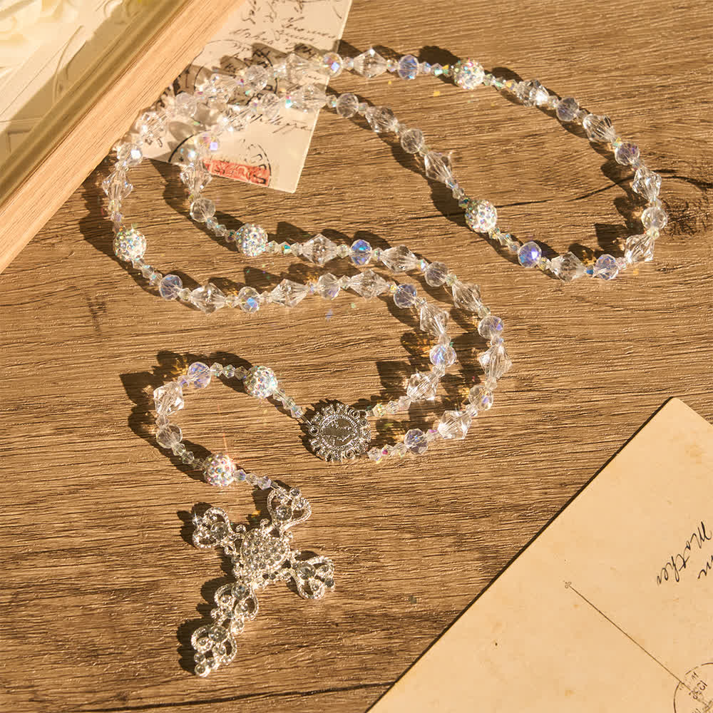 Christianartworkshop Rosenkranz aus klarem, facettiertem Glas mit verziertem Strasskreuz: Symbol strahlender himmlischer Reinheit - image 1