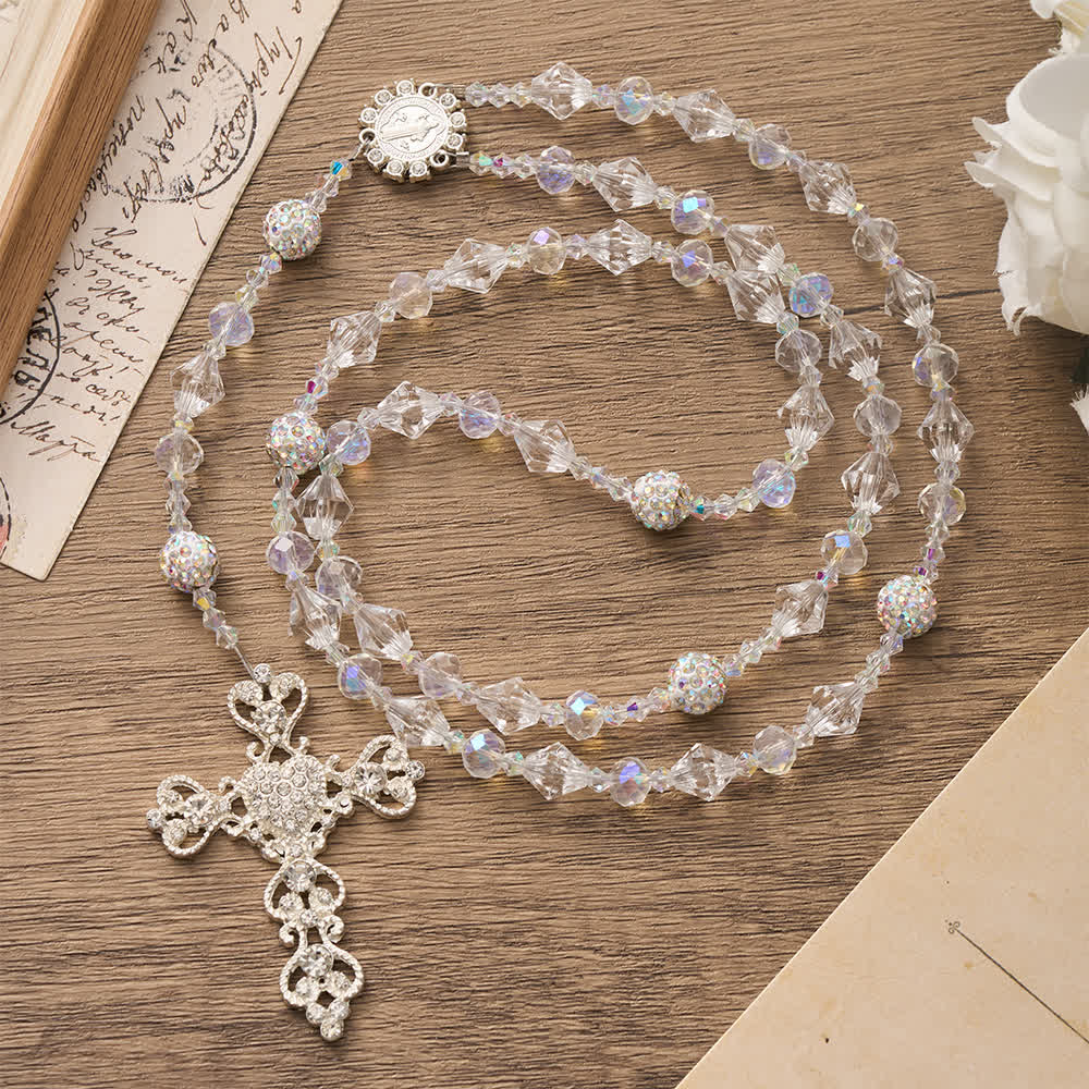 Christianartworkshop Rosenkranz aus klarem, facettiertem Glas mit verziertem Strasskreuz: Symbol strahlender himmlischer Reinheit - image 2
