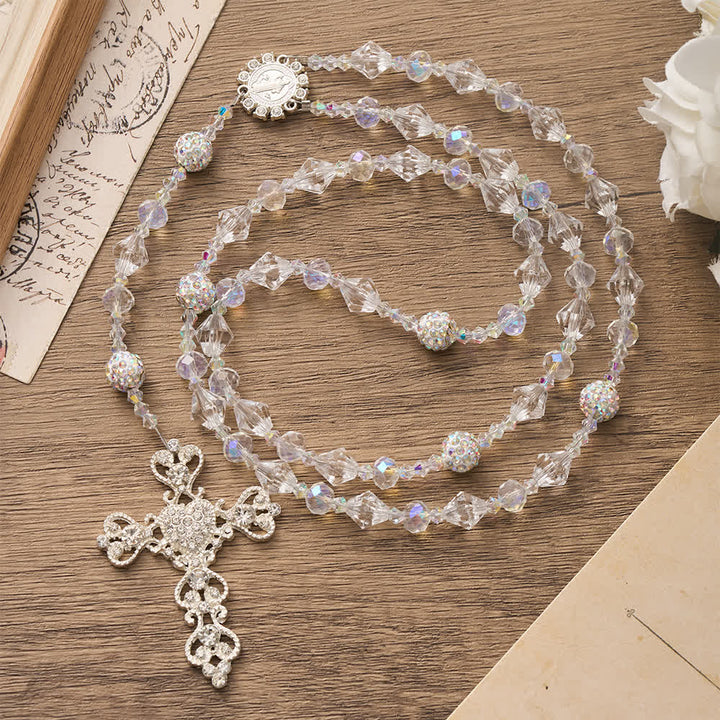 Christianartworkshop Rosenkranz aus klarem, facettiertem Glas mit verziertem Strasskreuz: Symbol strahlender himmlischer Reinheit - image 2