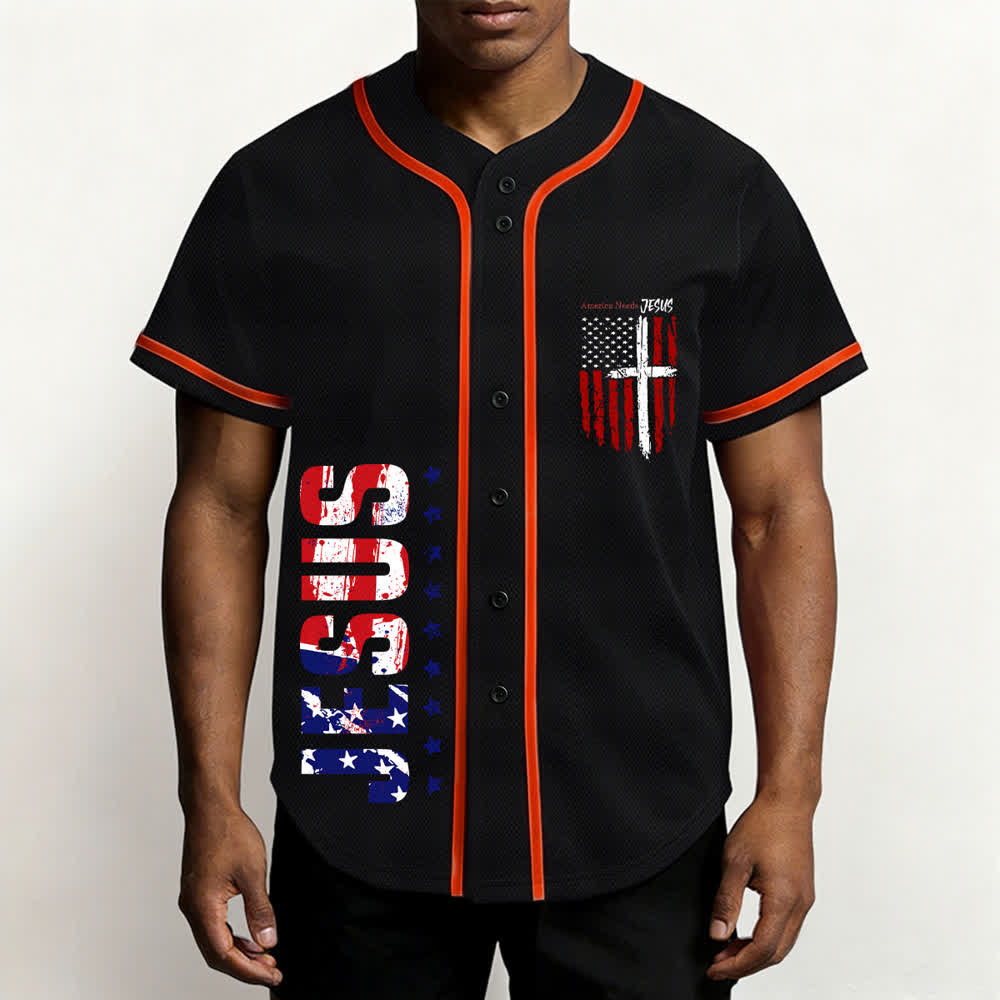 Christianartworkshop Baseballtrikot mit Flaggenmotiv und Knöpfen im Used-Look, Amerika braucht Jesus - image 27