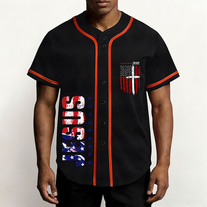 Christianartworkshop Baseballtrikot mit Flaggenmotiv und Knöpfen im Used-Look, Amerika braucht Jesus - image 27