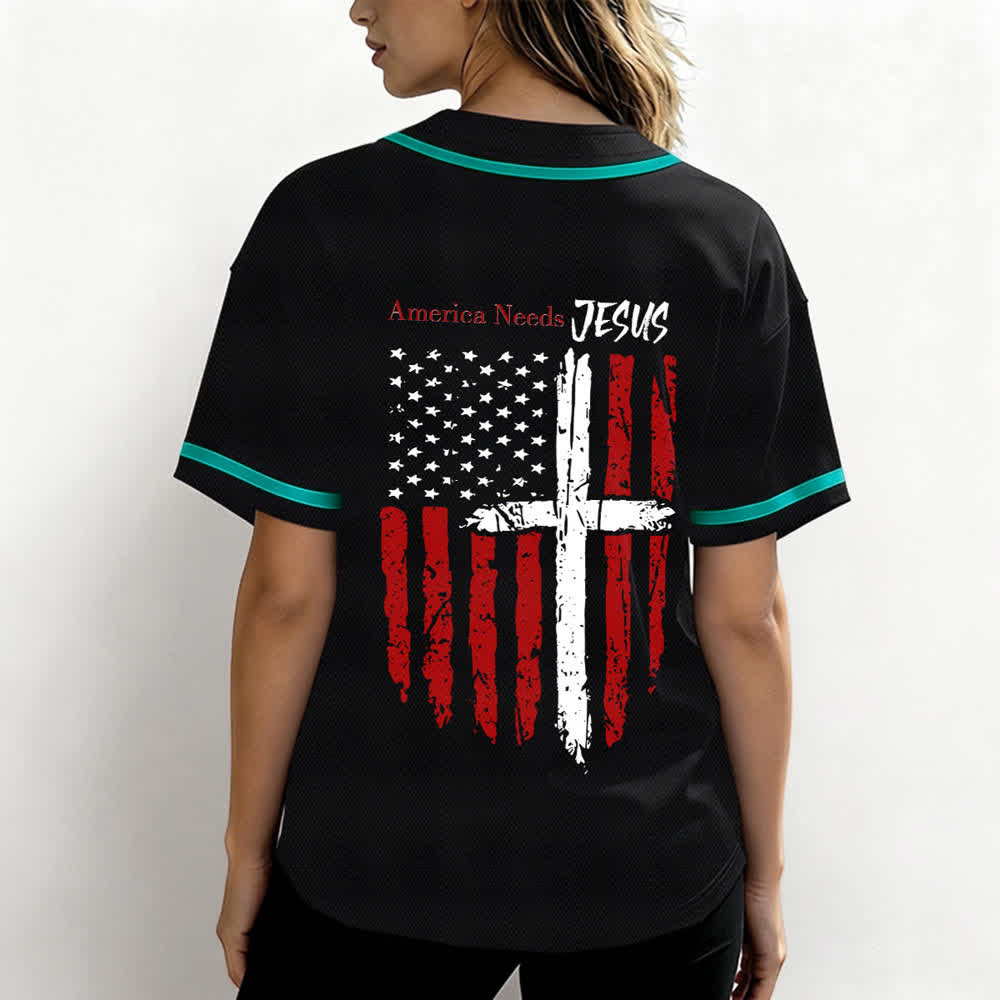 Christianartworkshop Baseballtrikot mit Flaggenmotiv und Knöpfen im Used-Look, Amerika braucht Jesus - image 45