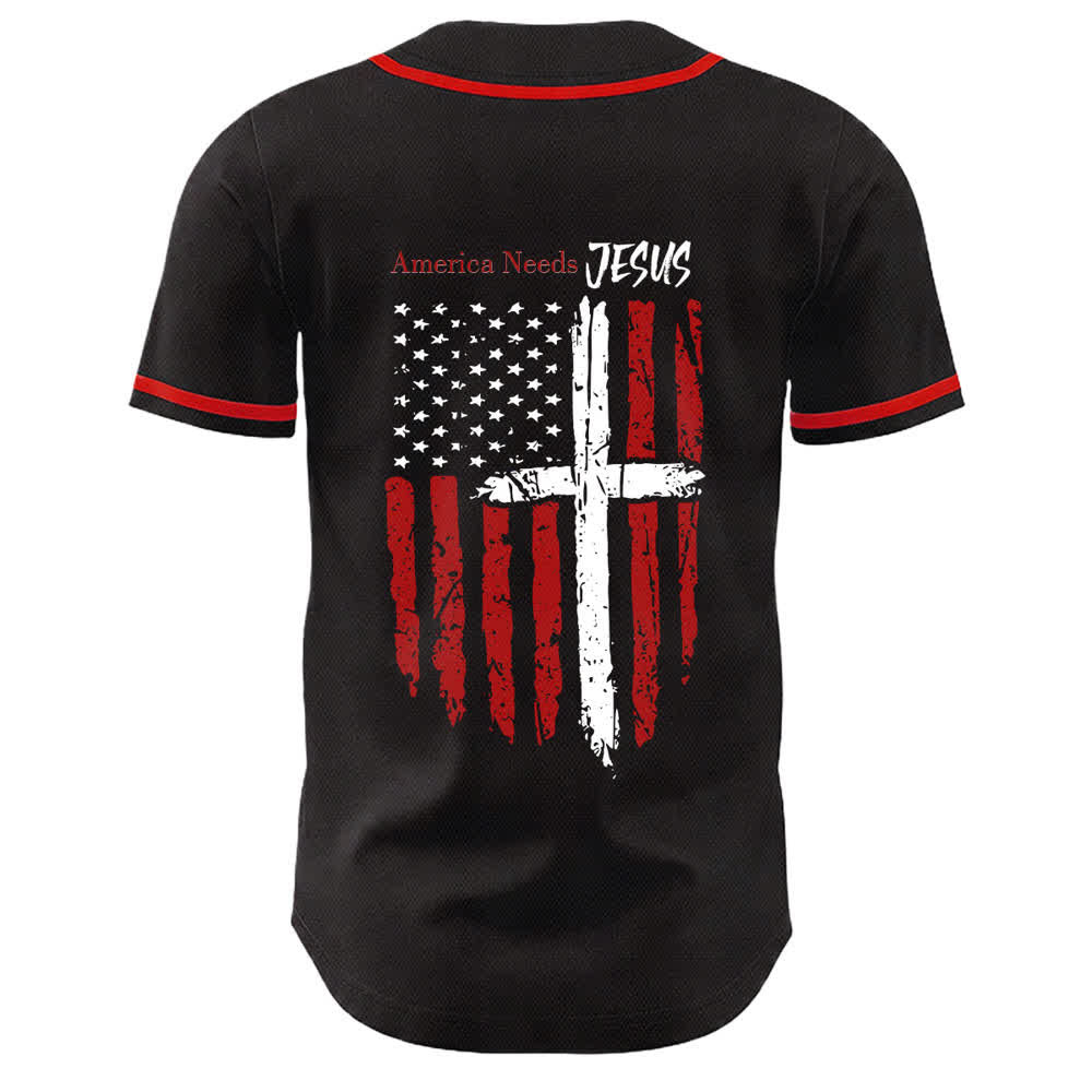 Christianartworkshop Baseballtrikot mit Flaggenmotiv und Knöpfen im Used-Look, Amerika braucht Jesus - image 15