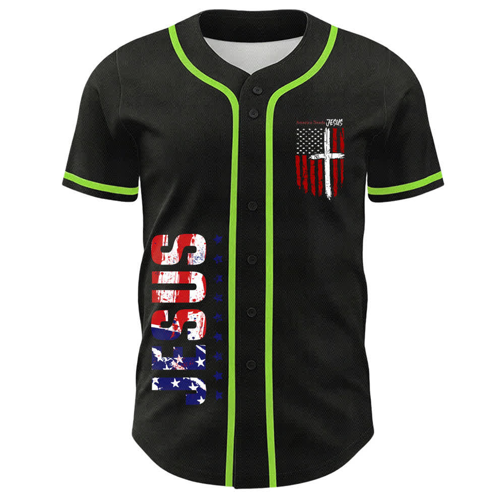 Christianartworkshop Baseballtrikot mit Flaggenmotiv und Knöpfen im Used-Look, Amerika braucht Jesus - image 37