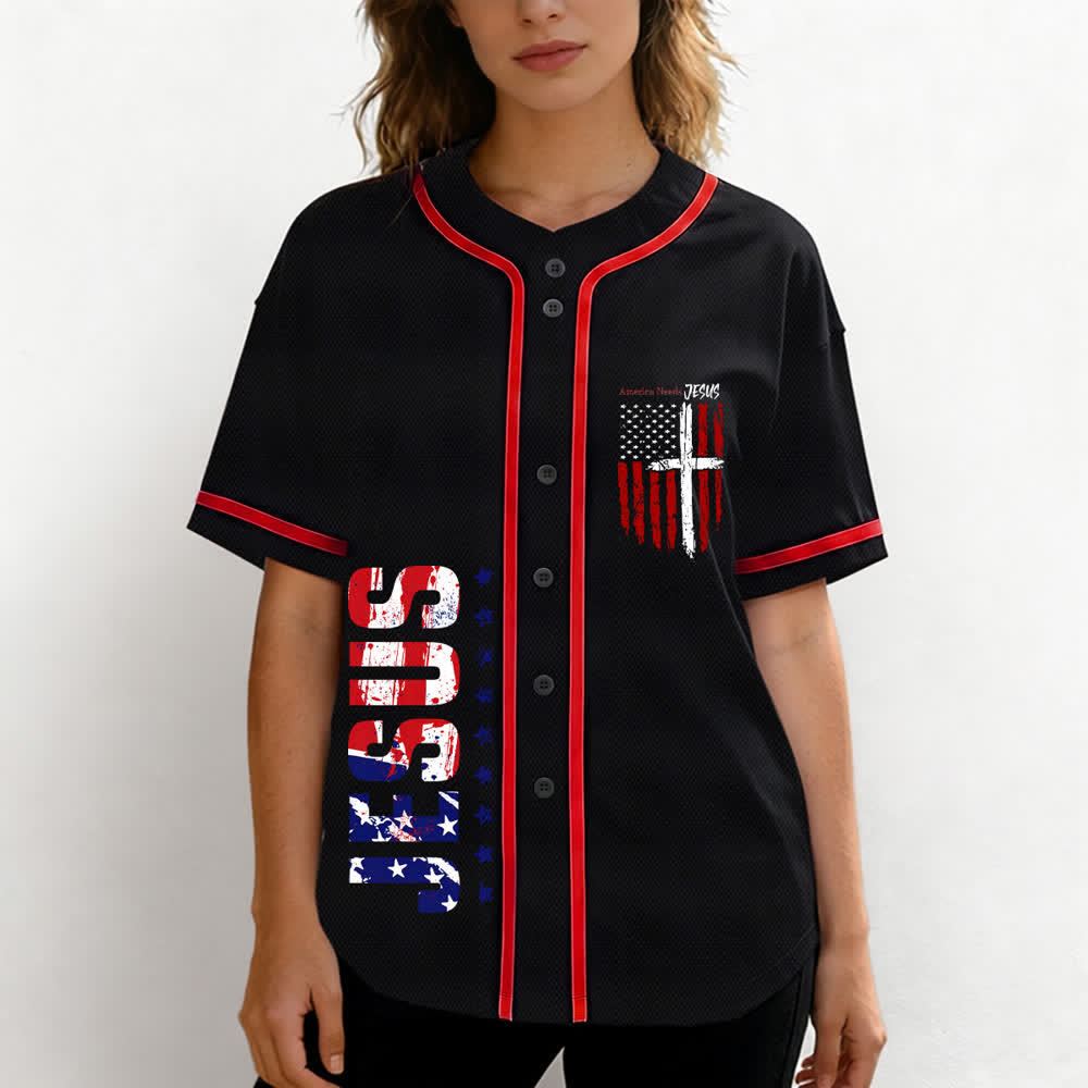 Christianartworkshop Baseballtrikot mit Flaggenmotiv und Knöpfen im Used-Look, Amerika braucht Jesus - image 18