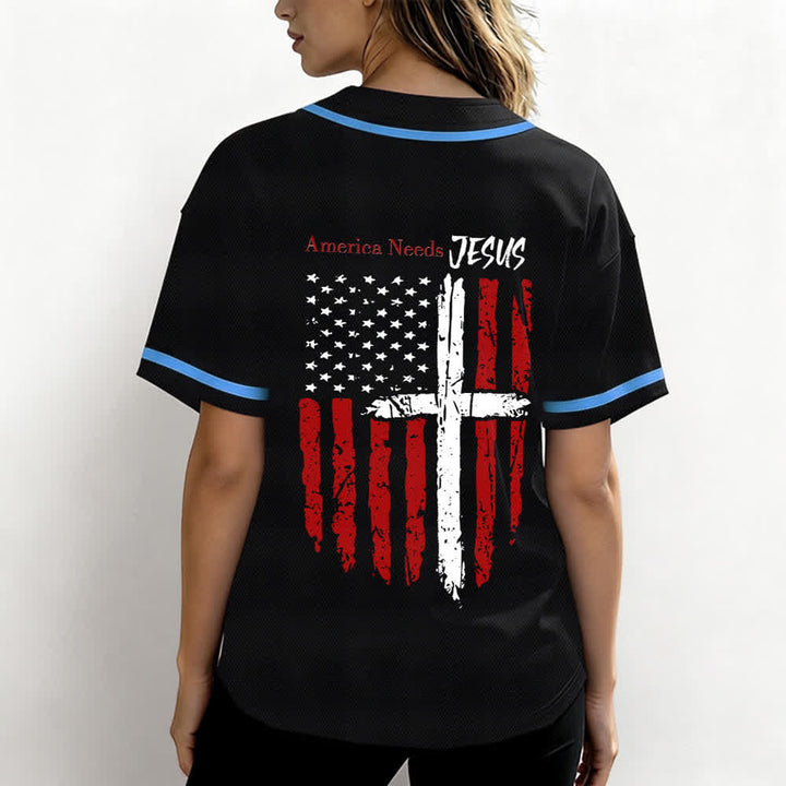 Christianartworkshop Baseballtrikot mit Flaggenmotiv und Knöpfen im Used-Look, Amerika braucht Jesus - image 31