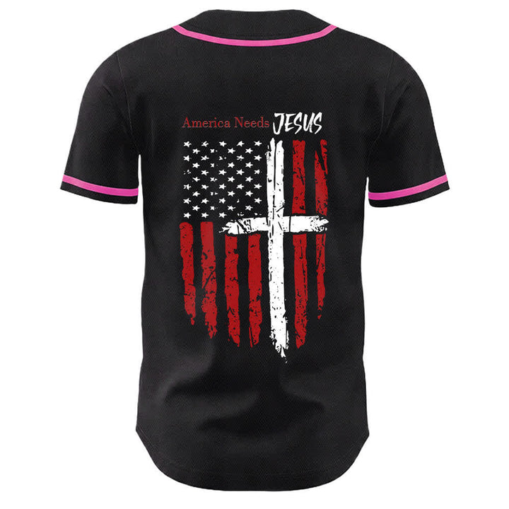 Christianartworkshop Baseballtrikot mit Flaggenmotiv und Knöpfen im Used-Look, Amerika braucht Jesus - image 50