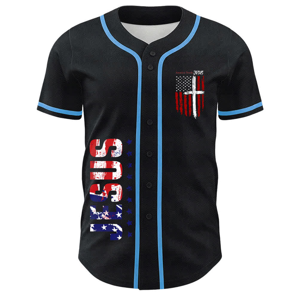 Christianartworkshop Baseballtrikot mit Flaggenmotiv und Knöpfen im Used-Look, Amerika braucht Jesus - image 30