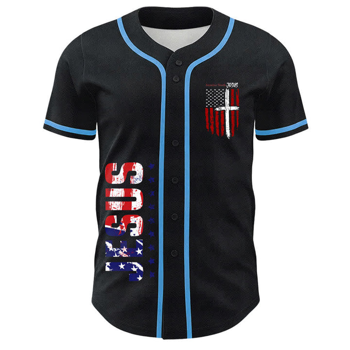 Christianartworkshop Baseballtrikot mit Flaggenmotiv und Knöpfen im Used-Look, Amerika braucht Jesus - image 30