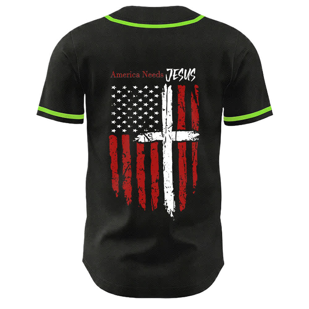 Christianartworkshop Baseballtrikot mit Flaggenmotiv und Knöpfen im Used-Look, Amerika braucht Jesus - image 36