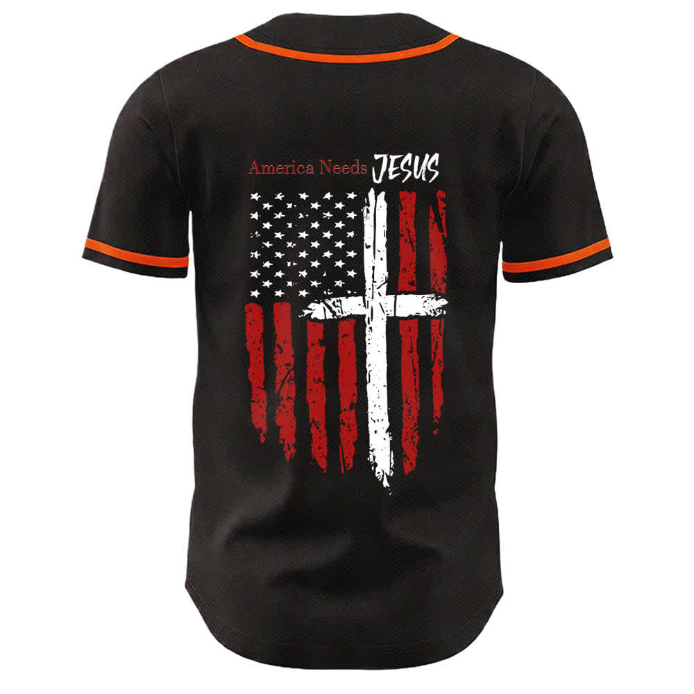 Christianartworkshop Baseballtrikot mit Flaggenmotiv und Knöpfen im Used-Look, Amerika braucht Jesus - image 22