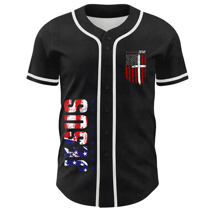 Christianartworkshop Baseballtrikot mit Flaggenmotiv und Knöpfen im Used-Look, Amerika braucht Jesus - image 9