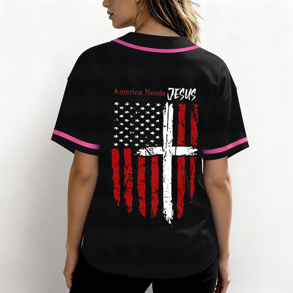 Christianartworkshop Baseballtrikot mit Flaggenmotiv und Knöpfen im Used-Look, Amerika braucht Jesus - image 52
