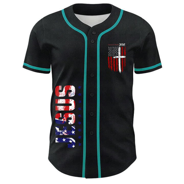 Christianartworkshop Baseballtrikot mit Flaggenmotiv und Knöpfen im Used-Look, Amerika braucht Jesus - image 44
