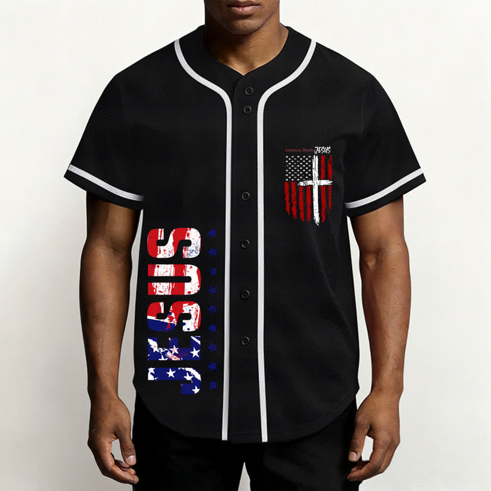 Christianartworkshop Baseballtrikot mit Flaggenmotiv und Knöpfen im Used-Look, Amerika braucht Jesus - image 13