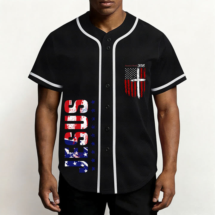 Christianartworkshop Baseballtrikot mit Flaggenmotiv und Knöpfen im Used-Look, Amerika braucht Jesus - image 13