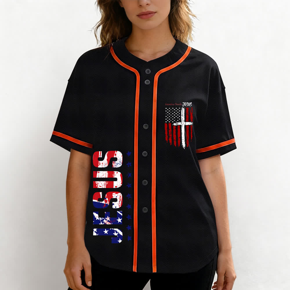 Christianartworkshop Baseballtrikot mit Flaggenmotiv und Knöpfen im Used-Look, Amerika braucht Jesus - image 25