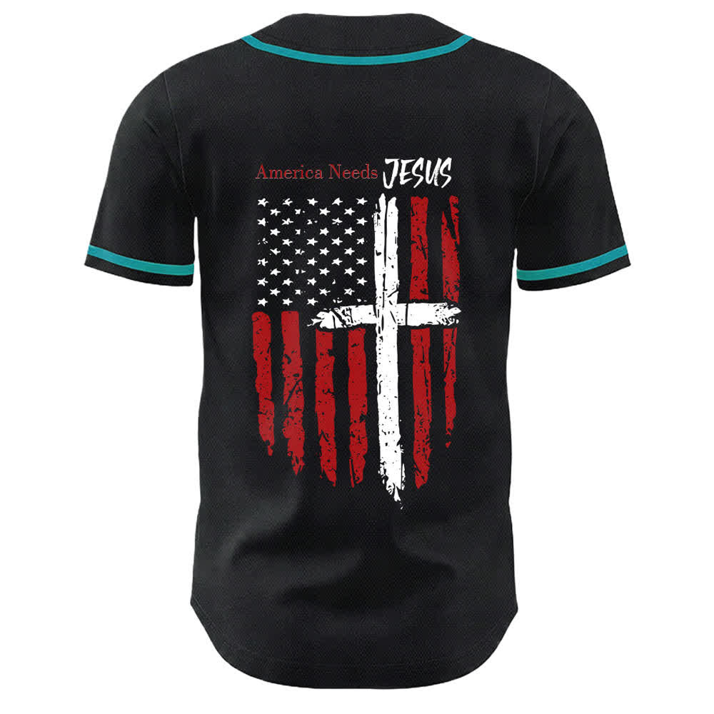 Christianartworkshop Baseballtrikot mit Flaggenmotiv und Knöpfen im Used-Look, Amerika braucht Jesus - image 43