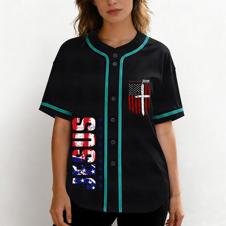 Christianartworkshop Baseballtrikot mit Flaggenmotiv und Knöpfen im Used-Look, Amerika braucht Jesus - image 46
