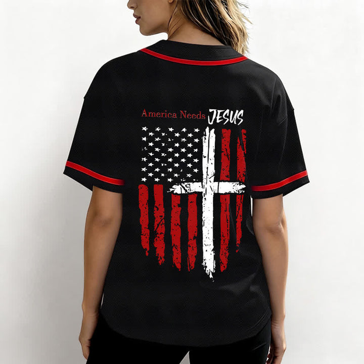 Christianartworkshop Baseballtrikot mit Flaggenmotiv und Knöpfen im Used-Look, Amerika braucht Jesus - image 17