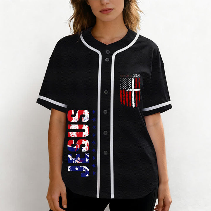 Christianartworkshop Baseballtrikot mit Flaggenmotiv und Knöpfen im Used-Look, Amerika braucht Jesus - image 11