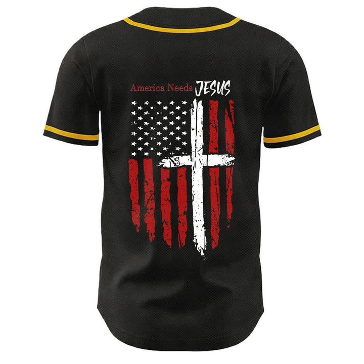 Christianartworkshop Baseballtrikot mit Flaggenmotiv und Knöpfen im Used-Look, Amerika braucht Jesus - image 1