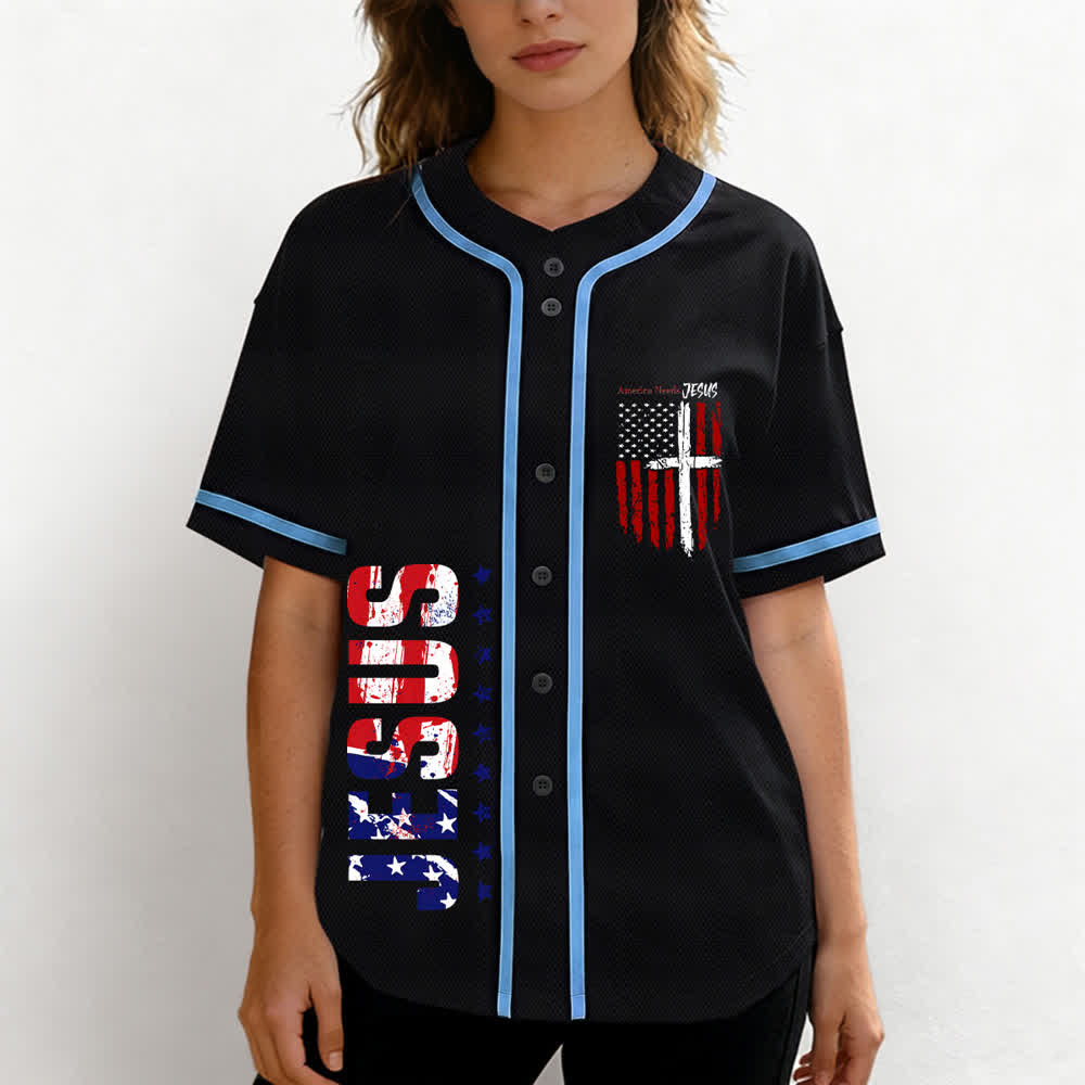 Christianartworkshop Baseballtrikot mit Flaggenmotiv und Knöpfen im Used-Look, Amerika braucht Jesus - image 32
