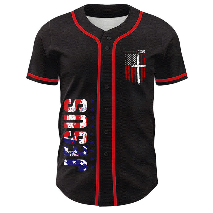 Christianartworkshop Baseballtrikot mit Flaggenmotiv und Knöpfen im Used-Look, Amerika braucht Jesus - image 16