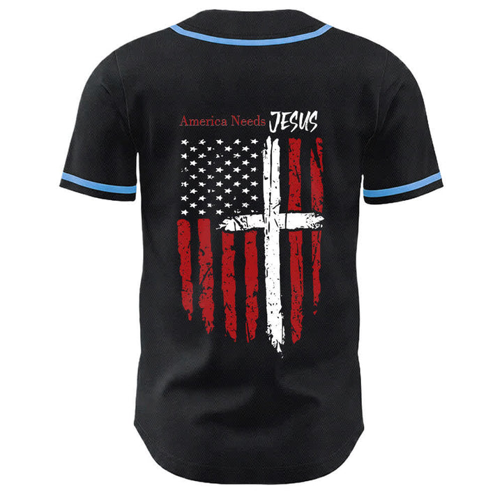 Christianartworkshop Baseballtrikot mit Flaggenmotiv und Knöpfen im Used-Look, Amerika braucht Jesus - image 29