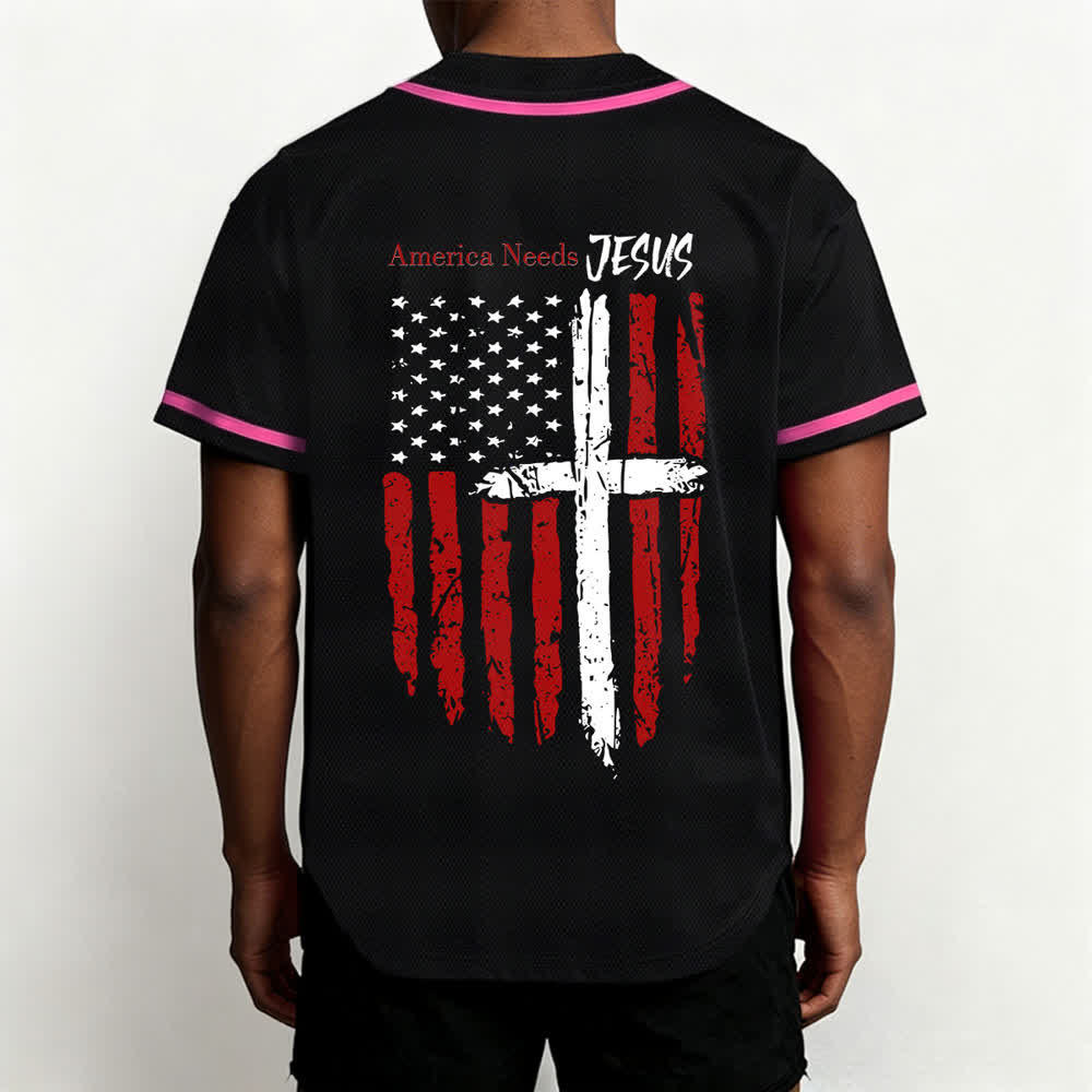 Christianartworkshop Baseballtrikot mit Flaggenmotiv und Knöpfen im Used-Look, Amerika braucht Jesus - image 54