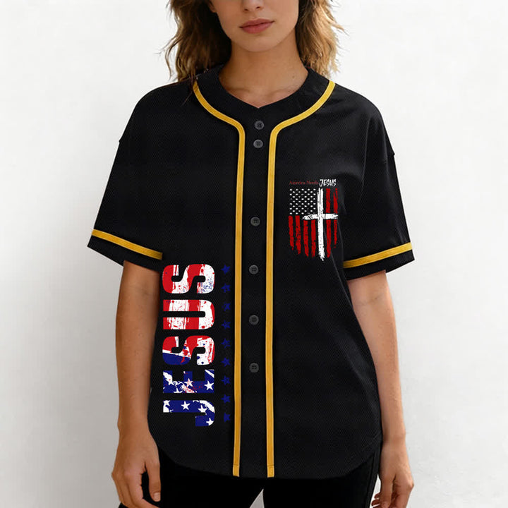 Christianartworkshop Baseballtrikot mit Flaggenmotiv und Knöpfen im Used-Look, Amerika braucht Jesus - image 4