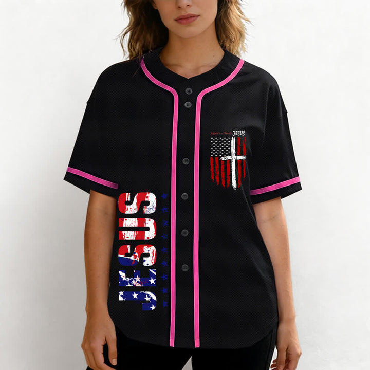 Christianartworkshop Baseballtrikot mit Flaggenmotiv und Knöpfen im Used-Look, Amerika braucht Jesus - image 53