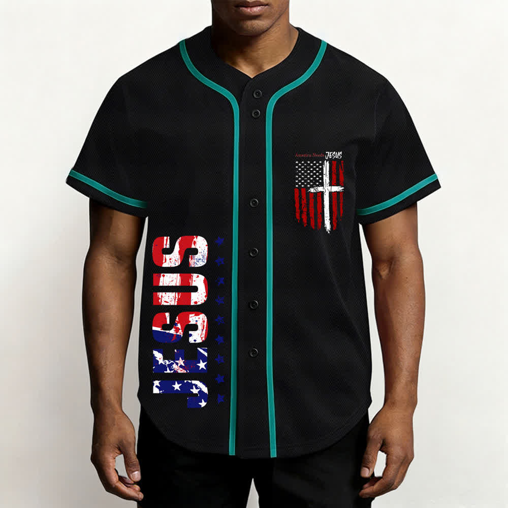 Christianartworkshop Baseballtrikot mit Flaggenmotiv und Knöpfen im Used-Look, Amerika braucht Jesus - image 48