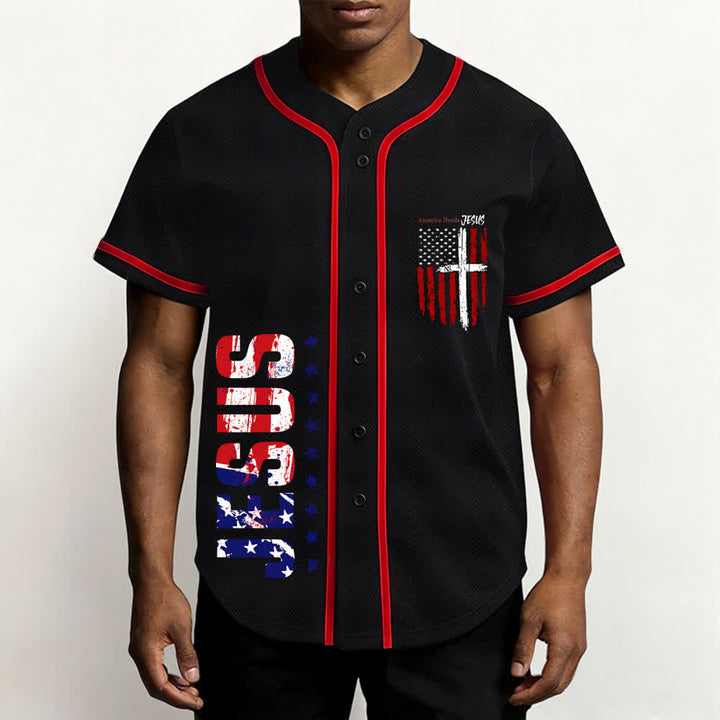 Christianartworkshop Baseballtrikot mit Flaggenmotiv und Knöpfen im Used-Look, Amerika braucht Jesus - image 20